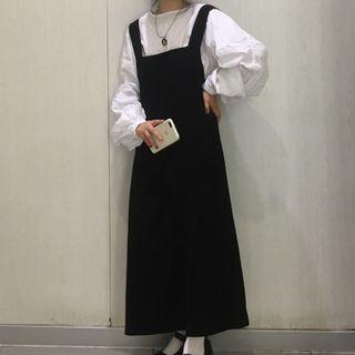 Balloon-sleeve Blouse / Maxi A-line Pinafore Dress