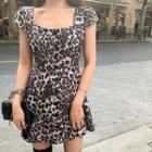 Short-sleeve Leopard Print Mini A-line Dress As Shown In Figure - One Size