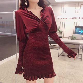 Long-sleeve Velvet Mini Smocked Sheath Dress