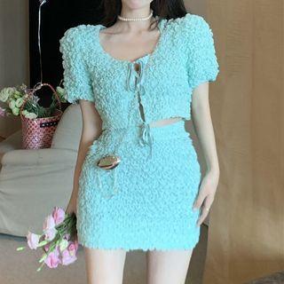 Short-sleeve Textured Crop Top / Mini Skirt