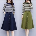 Set: Striped Knit Top + A-line Midi Skirt