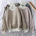 Patchwork Mock-neck Ruffled Pullover