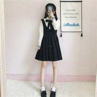 Contrast-trim Shirt/ Mini A-line Pleated Jumper Dress