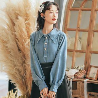 Set: Collared Puff-sleeve Blouse + High-waist Skirt