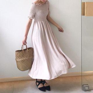 Short-sleeve Smocked A-line Midi Dress