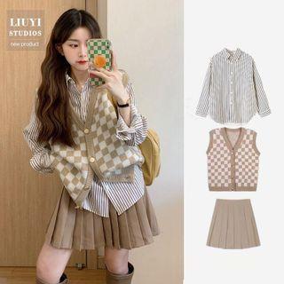 Striped Shirt / Checkered Button-up Sweater Vest / Mini Pleated Skirt