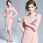 Elbow-sleeve Lace Trim Floral Print Qipao Dress