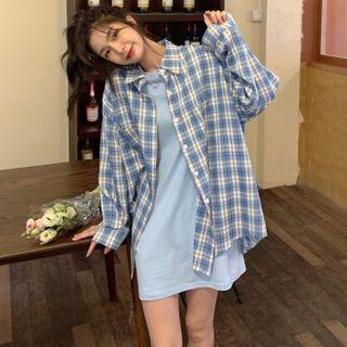 Plaid Shirt / Short-sleeve Plain Mini Dress