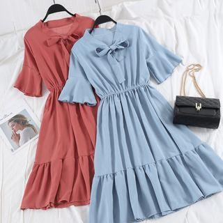 Bell-sleeve High-waist Bow Midi Skirt