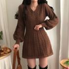 Puff-sleeve V-neck Cable Knit Mini A-line Dress