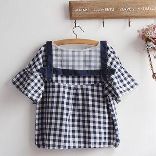 Set: Short-sleeve Plaid Top + Ear-accent Shorts
