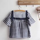Set: Short-sleeve Plaid Top + Ear-accent Shorts