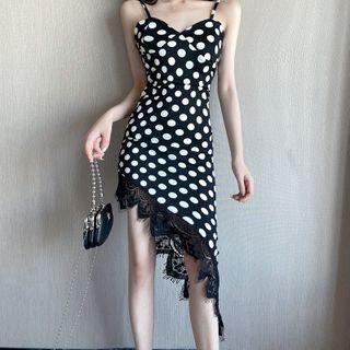 Asymmetric Spaghetti Strap Dotted Lace Trim A-line Dress
