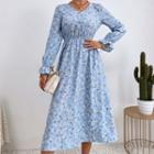 Floral Long-sleeve V-neck Chiffon A-line Midi Dress