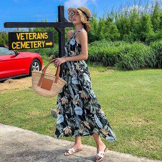 Leaf Print Halter Midi A-line Dress