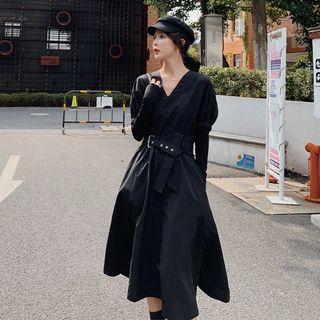 Mock Two-piece Belted Long-sleeve Midi A-line Dress