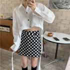 Asymmetrical Long-sleeve Shirt / High-waist Plaid A-line Mini Skirt