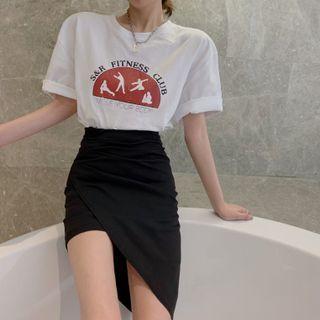 Elbow-sleeve Print T-shirt / Plaid Asymmetrical Mini Pencil Skirt