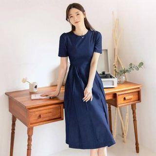 Pleated Flared Long Denim Dress