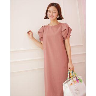 Shirred Puff-sleeve Midi Shift Dress