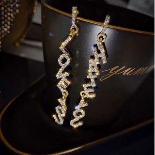 Non-matching Rhinestone Lettering Dangle Earring 1 Pair - Gold - One Size