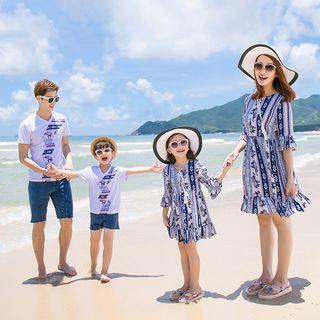 Family Matching Short-sleeve T-shirt / Denim Shorts / Elbow-sleeve A-line Dress