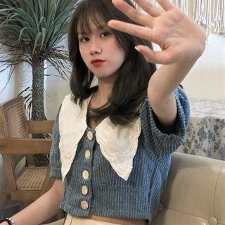 Puff-sleeve Patterned Denim Blouse Blue - One Size