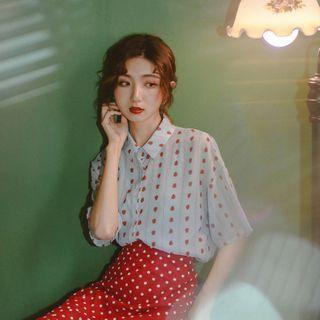 Printed Short-sleeve Blouse / Dotted Midi A-line Skirt
