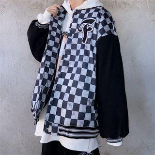Lettering Plaid Baseball Jacket