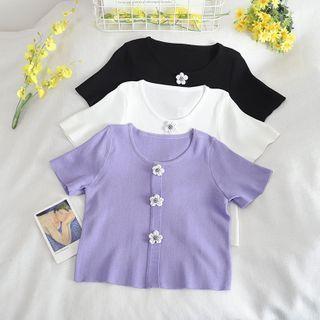 Short-sleeve Faux Pearl Floral Knit Top