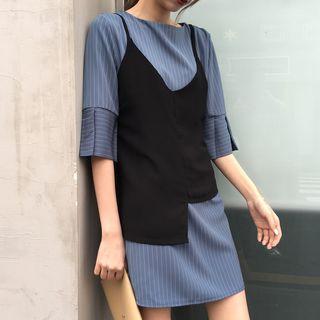 Set: Pinstriped Elbow-sleeve Shift Dress + Spaghetti Strap Asymmetrical Top