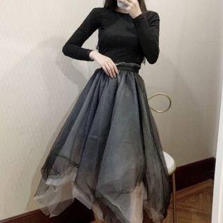 Irregular Mesh Midi A-line Skirt