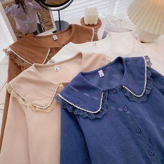 Long-sleeve Faux Pearl Lace Trim Collared Blouse