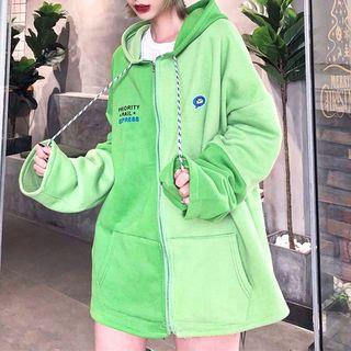 Lettering Zip-up Long Hoodie Green - One Size