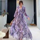 Printed Long-sleeve Chiffon Maxi A-line Dress