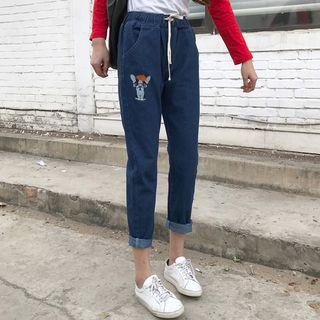 Embroidered Dog Drawstring Jeans