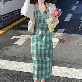 Spaghetti Strap Plaid Midi Sheath Dress / Plain Cardigan
