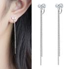925 Sterling Silver Rhinestone Bow Fringed Earring 1 Pair - Clip On Earring - One Size