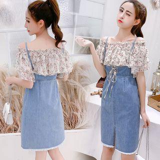 Set: Off-shoulder Floral Blouse + Denim Mini Overall Dress