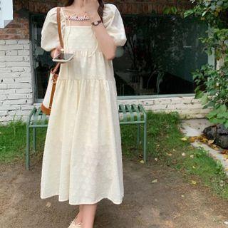 Puff-sleeve Square-neck Layered Dress