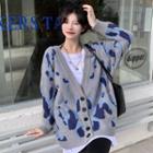 V-neck Leopard Loose-fit Cardigan Gray - One Size