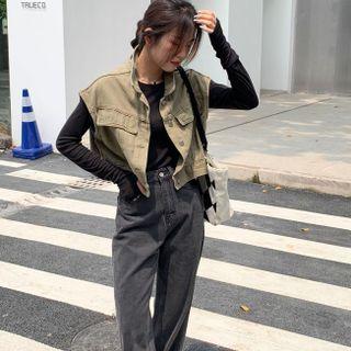 Single-breasted Denim Vest Dark Green - One Size