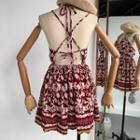 Strappy Printed A-line Sun Dress White Flowers - Red - One Size