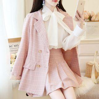 Tie-neck Blouse / Plaid A-line Skirt / Double-breasted Plaid Blazer / Set