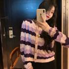 Striped Color-block Knit Cardigan Purple - One Size