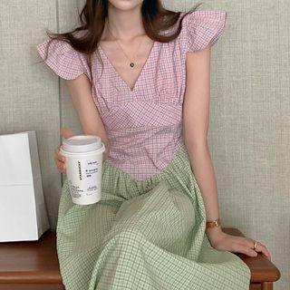 Ruffle Sleeves Two-tone Plaid Maxi A-line Dress