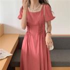 Puff-sleeve Lace Up Midi A-line Dress Red - One Size