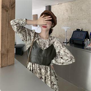 Floral Print Long-sleeve Dress / Faux-leather Sleeveless Top