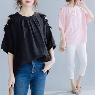 Flower Applique Cold-shoulder Elbow-sleeve T-shirt
