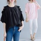 Flower Applique Cold-shoulder Elbow-sleeve T-shirt